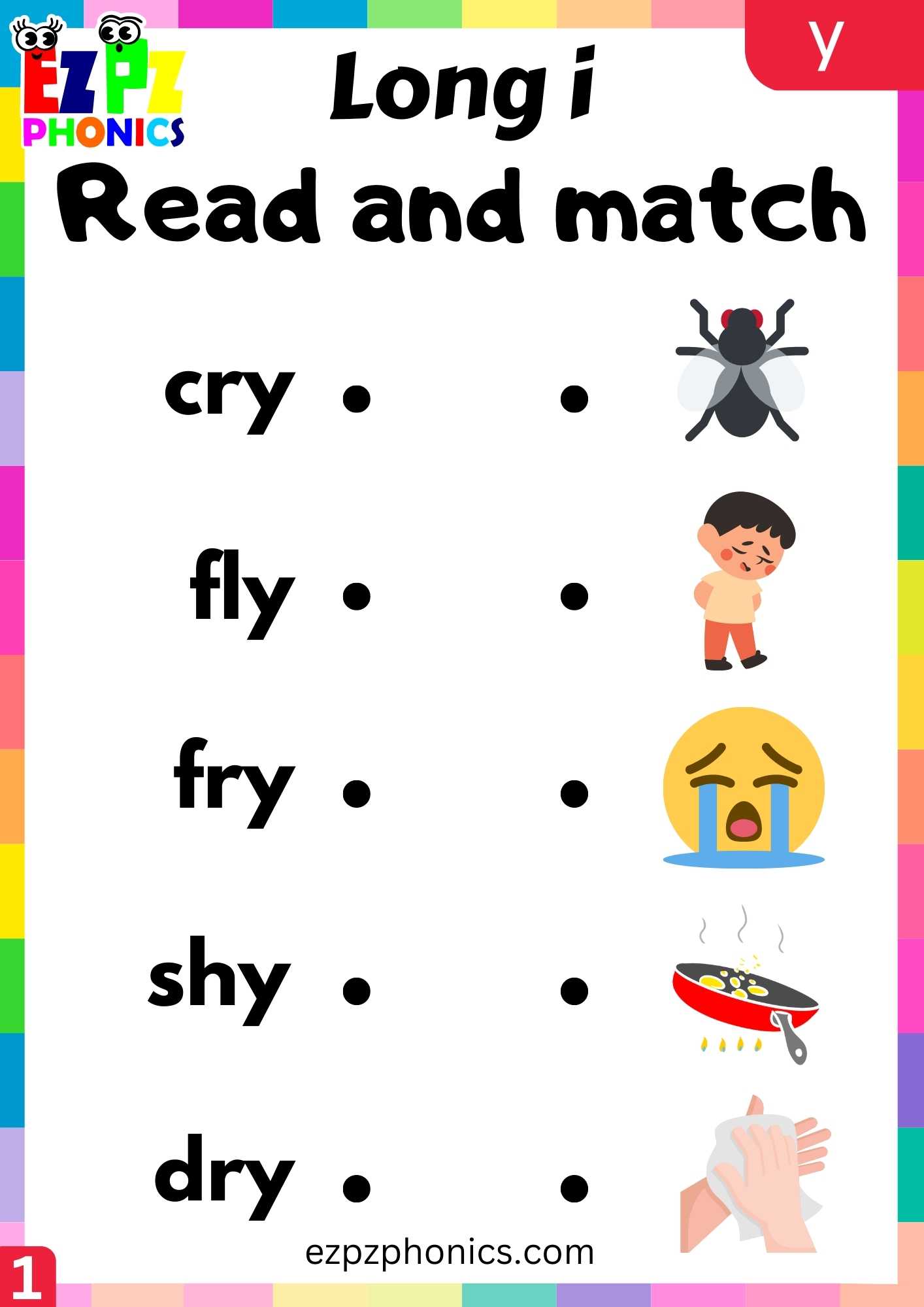 Y words read and match long i phonics worksheet ezpzphonics